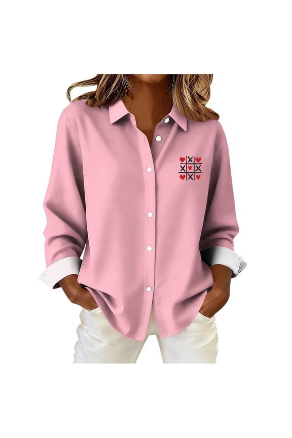 Womens Valentines Shirts 2026 Fashion Lover Heart Print Red Button Down Shirt Women Casual Long Sleeve Work Tops Pink S