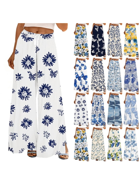 Womens Wide Leg Pants Summer Elastic Waist Flowy Lounge Pant Loose Boho Beach Trousers with Pockets White I XL
