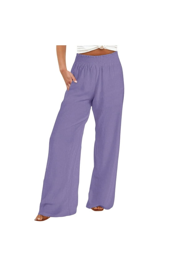 Womens Wide Leg Pants Summer Solid Color High Waist Straight Pants Daily Casual Loose Plus Size Palazzo Pants for Women with Pocket Purple XXXL