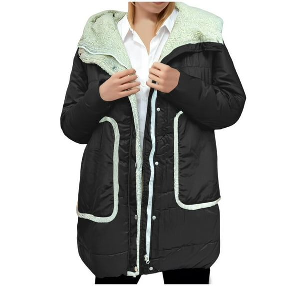Stamzod Womens Winter Jacket with Pocket Fashion Solid Color Long Sleeve Mid Length Jackets Casual Fleece Lined Thicked Warm Coat for Women Black M