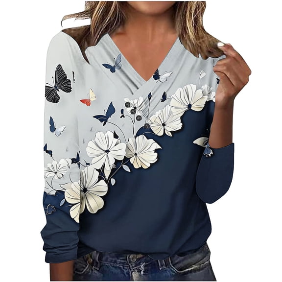 Stamzod Womens Work Tops Fashion Patchwork Printed Long Sleeve Top Fall Blouses for Women Business Casual Clothes Navy L