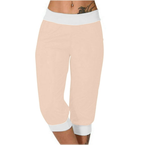 Stamzod Womens Workout Pants Fashion Pacthwork Summer High Waisted Stretch Workout Capri Pants Casual Loose Athletic Plus Size Capris with Pocket Beige D S
