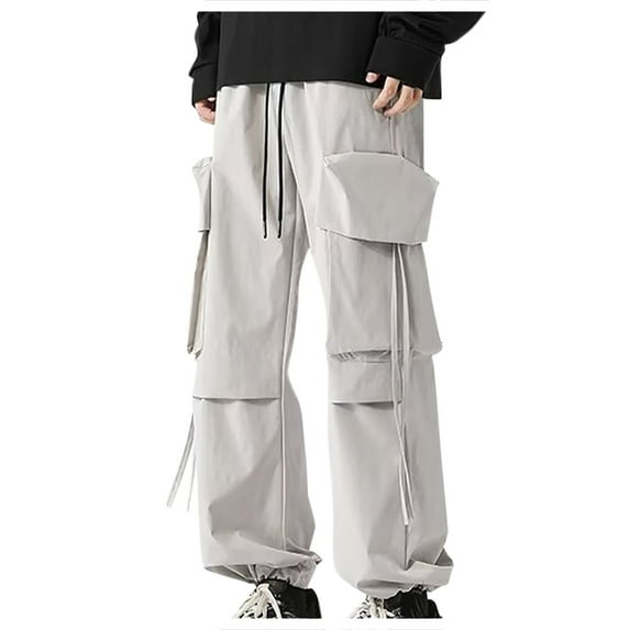 Stamzod Work Cargo Pants for Men Solid Color Multi-Pocket Bunched Feet Outdoor Hiking Pants Drawstring Waist Baggy Sweatpants Men on Clearance