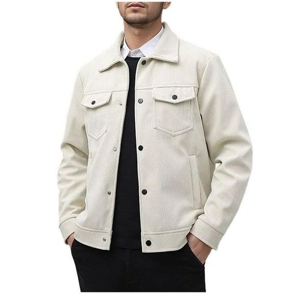 Stamzod Work Jackets for Men Solid Color Long Sleeve Corduroy Jacket Men Casual Oversized Bomber Fall Coats with Pocket Officewear Beige B XXXL