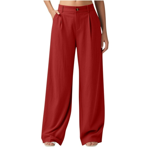 Stamzod Work Pants Women Fashion Solid Color Straight Palazzo Pants Casual Loose Wide Leg Pants for Women with Pockets Red L