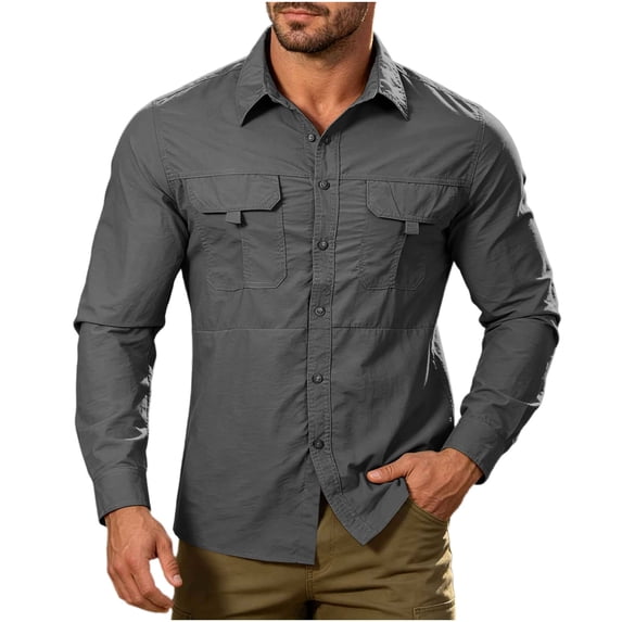 Stamzod Work Shirts for Men Outdoor Athletic Long Sleeve Button Down Shirt Men Quick-Dry Breathable Casual Shirts with Pockets Gray XXXXL