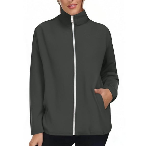 Stamzod Workout Jackets for Woman Solid Color Long Sleeve Stand Collar Zip Up Jacket Casual Athletic Coats for Women with Pocket Dark Gray XXL