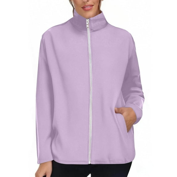Stamzod Workout Jackets for Woman Solid Color Long Sleeve Stand Collar Zip Up Jacket Casual Athletic Coats for Women with Pocket Purple M