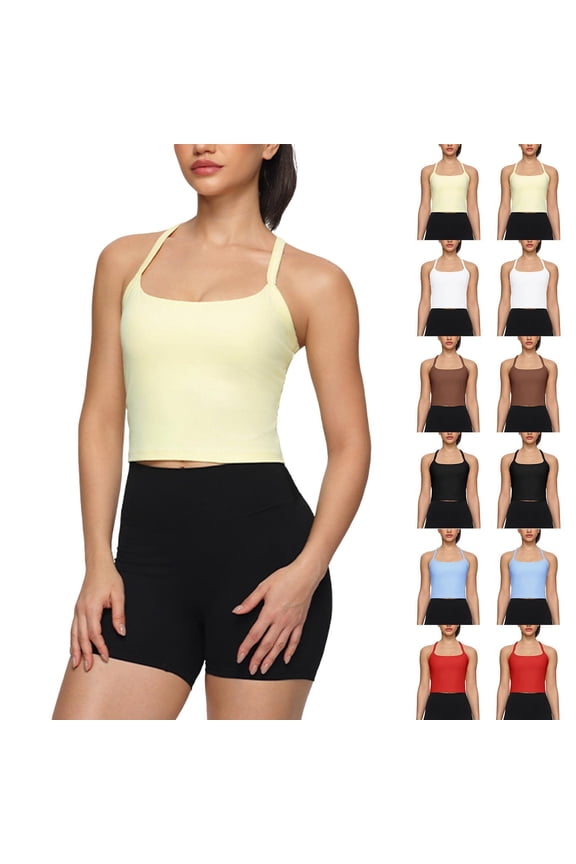 Workout Tank Tops for Women Tight Racerback Scoop Neck Athletic Yoga Shirts with Built In Bra Yellow S