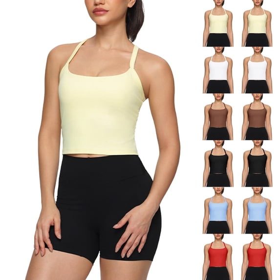 Stamzod Workout Tank Tops for Women Tight Racerback Scoop Neck Athletic Yoga Shirts with Built In Bra Yellow S
