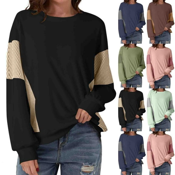 Stamzod Wwomens Crewneck Sweatshirt Fall Fashion Patchwork Long Sleeve Tops for Women Casual Workout Sweat Shirt Green M