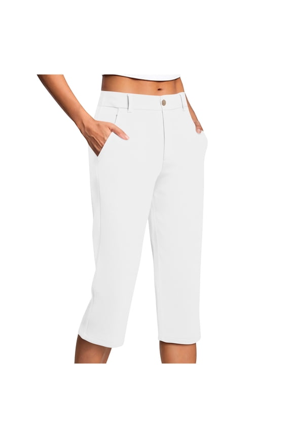 Womens Capri Pants with Pockets Fashion Solid Color Summer Slim Fit Stretch Straight Capris Casual Work Cropped Pants for Women White XL