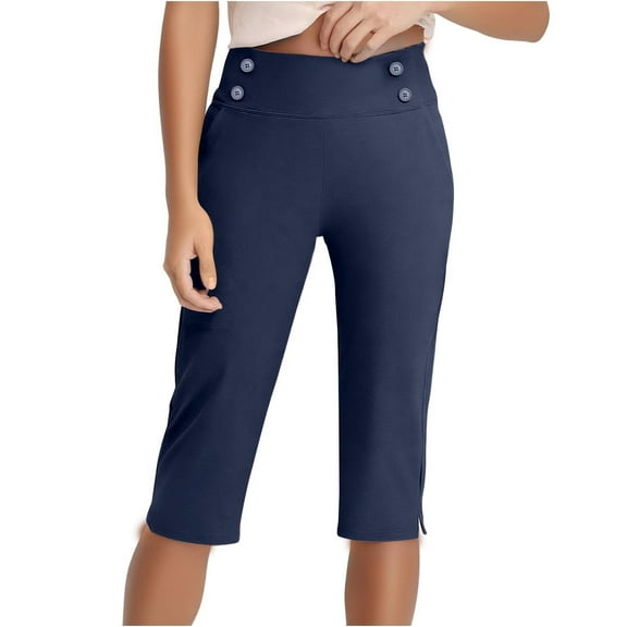 Stamzod Yoga Capris Pants for Women Summer Solid Color Elastic Waist Soft Stretch Cropped Pants Casual Slim Fit Straight Gym Capris for Women with Pocket Navy S