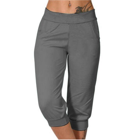 Stamzod Yoga Capris with Pockets for Women Summer Solid Color Stretch Waist Cropped Pants Casual Loose Workout Sports Plus Size Pants Dark Gray S