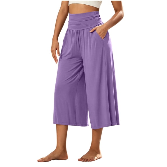 Stamzod Yoga Capris for Women with Pockets Summer High Waisted Wide Leg Capri Pants Casual Loose Palazzo Gaucho Pants Purple S