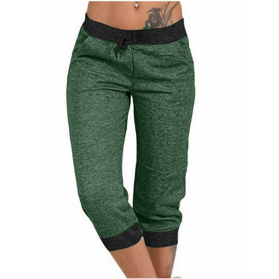 Stamzod Yoga Capris with Pockets for Women Summer Pacthwork Elastic Waist Capris Casual Loose High Waisted Capri Pants for Women Green B M