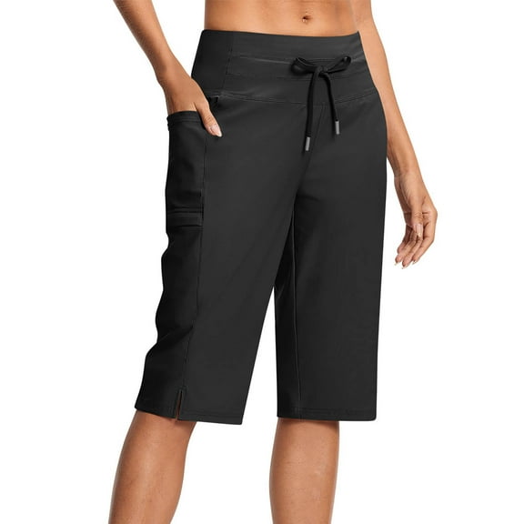 Stamzod Yoga Pants Women Capri Pants Summer Solid Color Stretch Waist Straight Cropped Pants with Pockets Casual Loose Fit Drawstring Capris for Women Black L