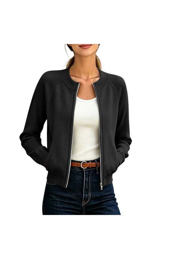 Zip Up Jackets for Women Casual Crew Neck Raglan Sleeve Bomber Jacket Women Loose Fit Fall Coats Outerwear