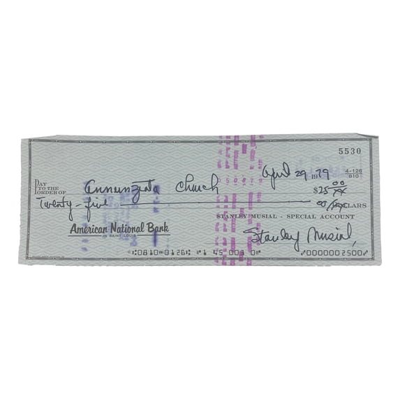 Stan Musial St. Louis Cardinals Signed Bank Check #5530 BAS
