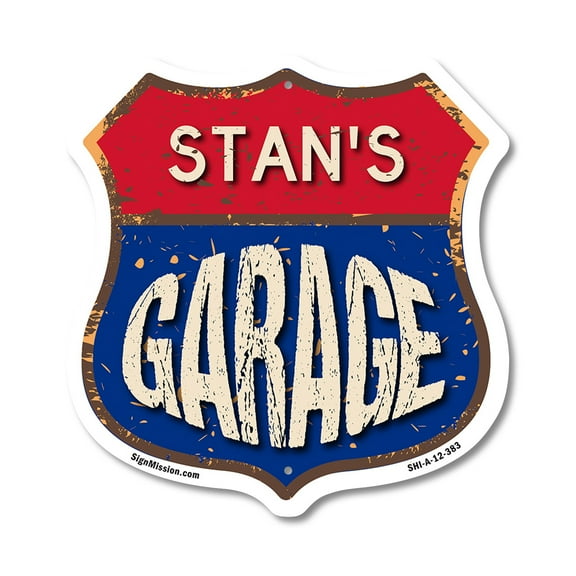 Stan's Garage 12 inch X 12 inch Shield-Shaped Rust-Free Aluminum Metal Sign Weather Resistant, UV Protected To last, Gift for Dads and Uncles Classic Americana Crafted in the USA