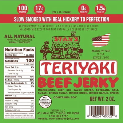 Stans Teriyaki Beef Jerky | Beef Jerky Snack Packs | Keto Snack | Gluten Free Snacks | 2oz Single Pack