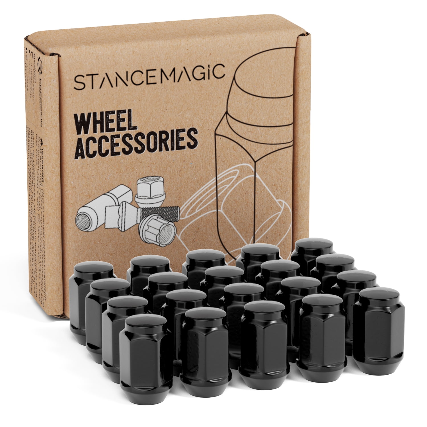 StanceMagic 20pcs 1/2-20 Lug Nuts Bulge Closed End, Cone Acorn Seat, 3/4" 19mm Hex, Compatible with Ford Mustang Explorer Ranger F100 F150 Econoline Dodge Ram 1500 - Black, 1.4in Length