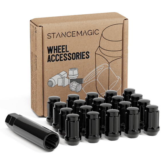 StanceMagic 20pcs Black Spline 12x1.25 Tuner Lug Nuts - Closed End, Cone Seat, 1.4" Length, 0.78" Width - Includes Socket Key 3/4" (19mm) Hex - Compatible with Nissan Infiniti Subaru Scion FR-S FRS