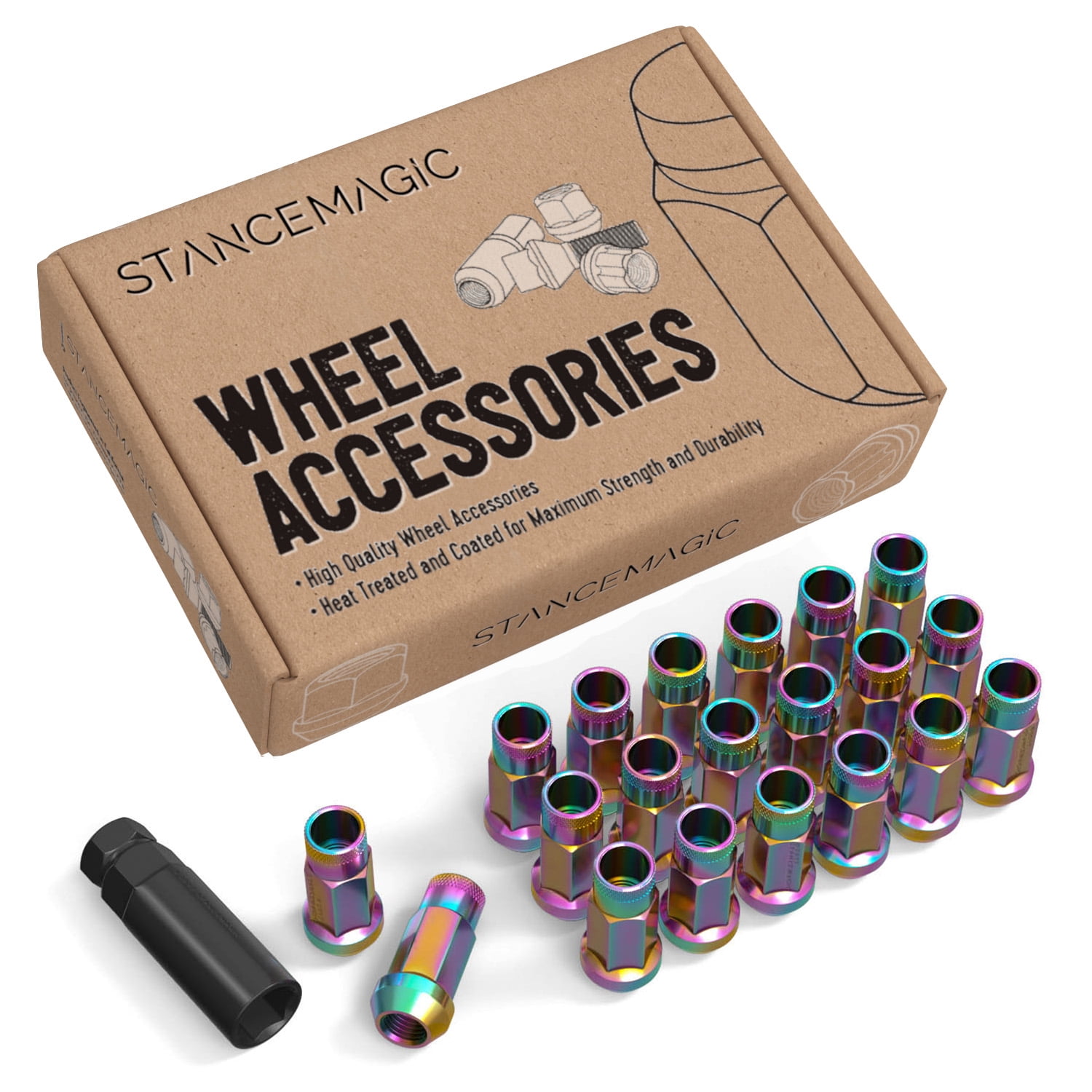 20pc Neochrome Extended Tuner Lug Nuts - 12x1.25 Thread, 50mm Length, Cone Seat, For Nissan, Infiniti, Subaru