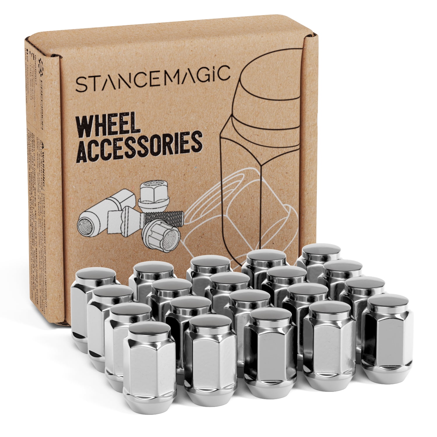 StanceMagic 20pcs Silver Chrome Bulge M12x1.25 Lug Nuts - Conical Cone Taper Acorn Seat Closed End - 1.4 inch Length - Compatible with Nissan Infiniti Subaru and More - Installs with 19mm Hex Socket