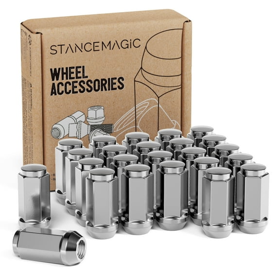 StanceMagic 24pcs Chrome 14x2 Closed End Extended Bulge Lug Nuts - Cone Taper Acorn Seat, 1.8" Length, 0.9" Width, 19mm 3/4" Hex - Compatible with Ford F150 Expedition Lincoln Navigator Mark LT