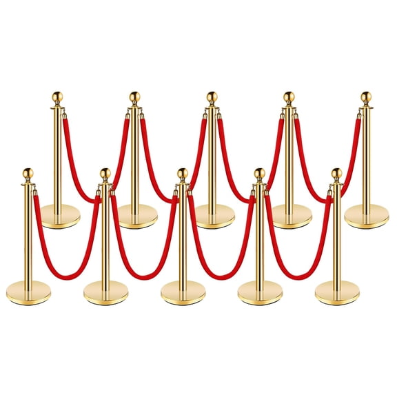 Stanchion Post with Velvet Rope, VIP Stanchion Queue Pole Barrier Posts, Red Carpet Stanchion Set, Gold 10-Pack