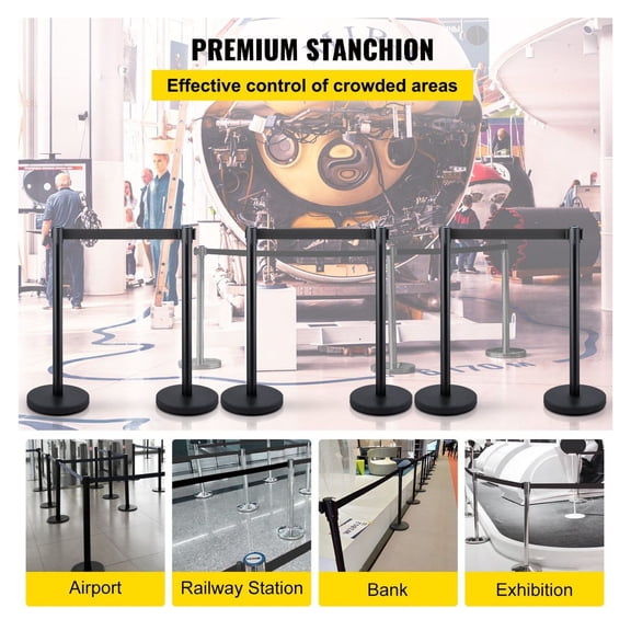 Stanchion Posts 6-Pack, Black Retractable Barrier with 6.6ft Belts - Stainless Steel Crowd Control Posts for Indoor & Outdoor Queuing, Events, & Security