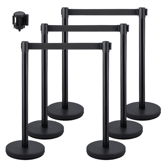 Stanchion Posts 6-Pack, Black Retractable Crowd Control Barriers - 36 Inch Stainless Steel Queue Posts with 6.6ft Belts for Indoor & Outdoor Use