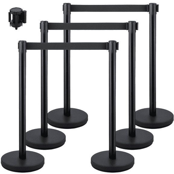 Stanchion Posts 6-Pack, Black Stainless Steel Crowd Control Barriers with 6.6ft Retractable Belts, Heavy Duty Queue Posts for Indoor/Outdoor Use