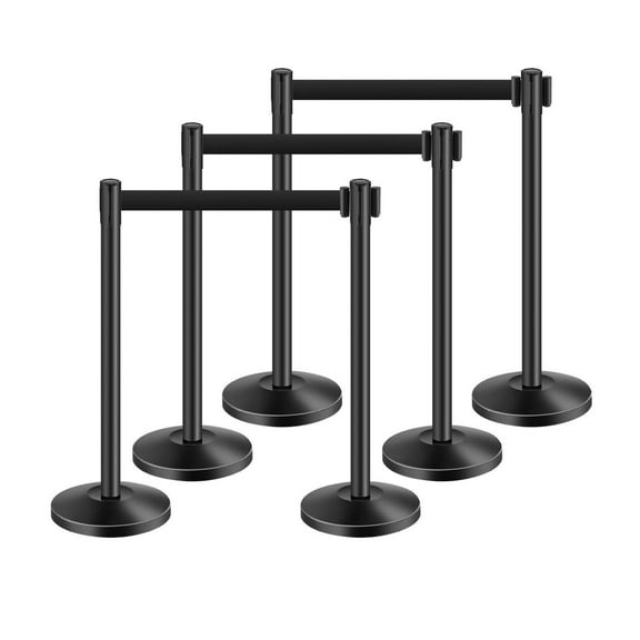 Stanchion Posts 6-Pack, Retractable Belt Crowd Control Barriers - Carbon Steel Black Queue Posts with Sand Injection Base for Theaters, Weddings, Events