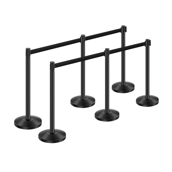 Stanchion Posts 6-Pack, Retractable Belt Crowd Control Barriers - Carbon Steel Black, Sand Injection Base for Theaters, Parties, Weddings, Events