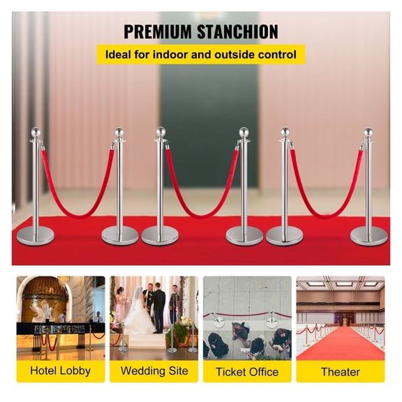 Stanchion Posts 6-Pack, Silver Stainless Steel Crowd Control Barriers with 5ft Velvet Rope, Retractable Queue Posts for Indoor/Outdoor Events