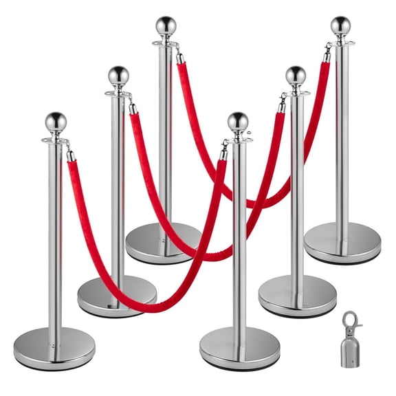 Stanchion Posts 6-Pack, Silver Stainless Steel Queue Barriers with 5ft Velvet Ropes, Heavy Duty Crowd Control Posts for Indoor/Outdoor Events, Museums, Hotels