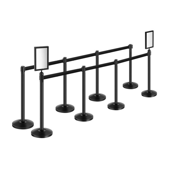Stanchion Posts 8-Pack, Retractable Belt Crowd Control Barriers - Black Steel, Sand Fillable Base for Theaters, Weddings, Events
