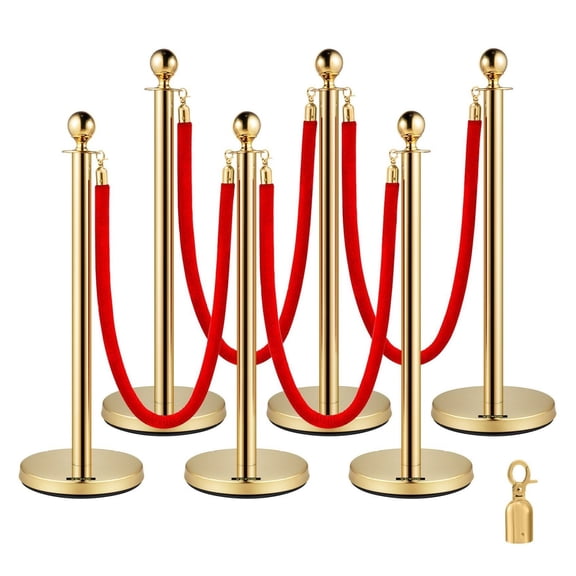 Stanchions 6-Pack, Stainless Steel Crowd Control Posts with 5ft Red Ropes, Retractable Queue Barriers for Indoor/Outdoor Events, Hotels, Casinos
