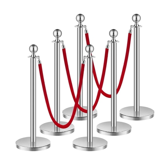 Stanchions and Velvet Ropes 6pcs, Silver Crowd Control Barriers, Red Ropes & Posts, Stainless Steel Queue Posts for Party, Events, Wedding, Hotel - 4.92ft Ropes