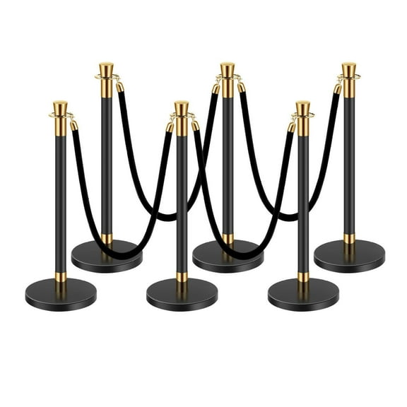 Stanchions and Velvet Ropes, 6 Pack Crowd Control Posts - Stainless Steel Queue Barrier with 4 Ropes for Theater, Wedding, Party, Event - Black