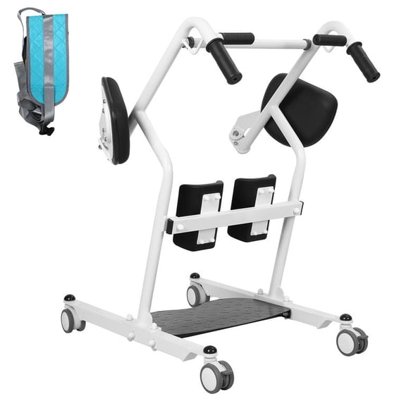 Stand Assist Transfer Device, Sit to Stand Lift, 130kg Load, One-Step Rotation, Cushioned Knee Support Padded Handles, Carbon Steel Frame, Compact Flexible Wheels Locking, Passes Doorways