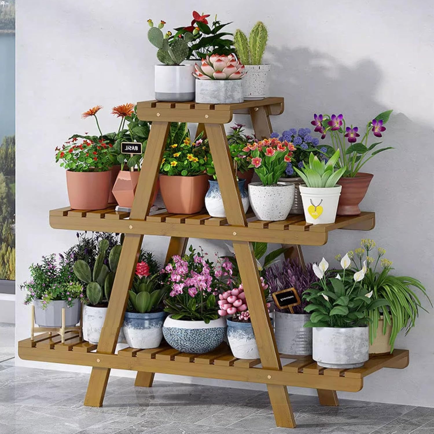 Stand Bamboo for Indoor Outdoor 3 Tier Shelf Flower Pot Holder Ladder ...