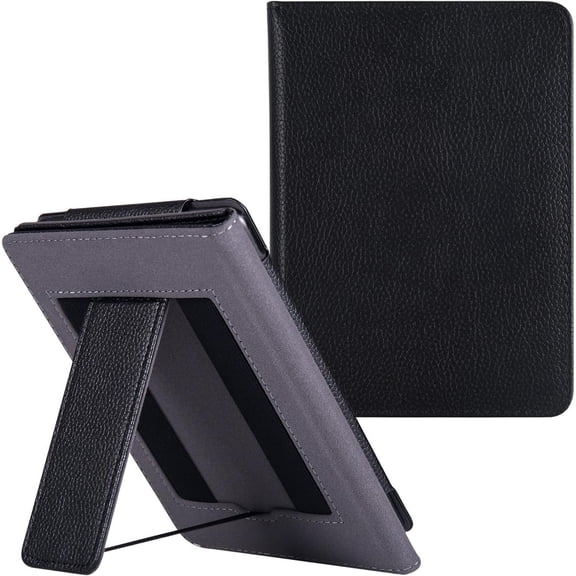 Stand Case for 7" Kindle Paperwhite 12th Generation & Kindle Colorsoft Signature Edition (2024) - PU Leather Book Folio Sleeve Cover with Two Hand Straps/ Sleep/Wake (Dark Black)