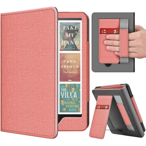 Stand Case for Kindle Paperwhite 12th Generation 2024 / Kindle Colorsoft Signature Edition with Hand Strap & Card Slot - 7" PU Leather Protective Folio Cover with Auto Wake/Sleep, Pink