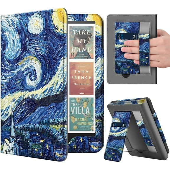Stand Case for Kindle Paperwhite 12th Generation 2024 / Kindle Colorsoft Signature Edition with Hand Strap & Card Slot - 7" PU Leather Protective Folio Cover with Auto Wake/Sleep, Starry Night