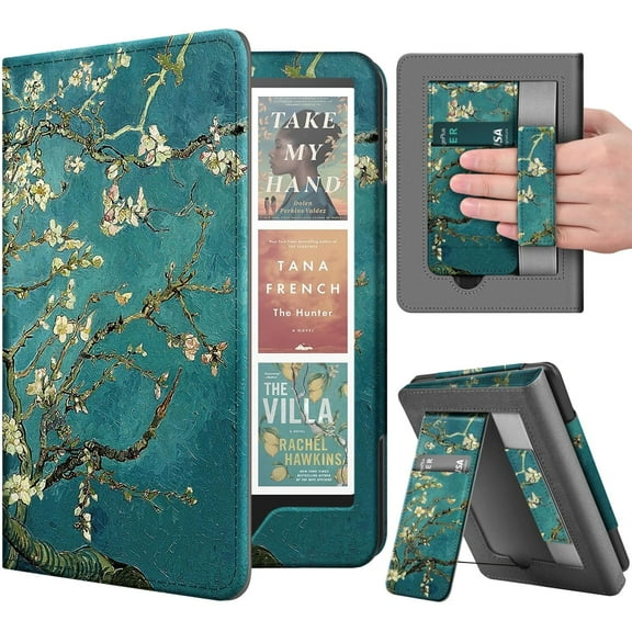 Stand Case for Kindle Paperwhite 12th Generation 2024 / Kindle Colorsoft Signature Edition with Hand Strap & Card Slot - 7" PU Leather Protective Folio Cover with Auto Wake/Sleep, Almond Blossom