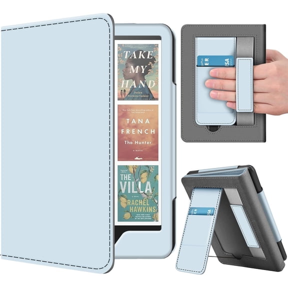 Stand Case for Kindle Paperwhite 12th Generation 2024 / Kindle Colorsoft Signature Edition with Hand Strap & Card Slot - 7" PU Leather Protective Folio Cover with Auto Wake/Sleep, Light Blue