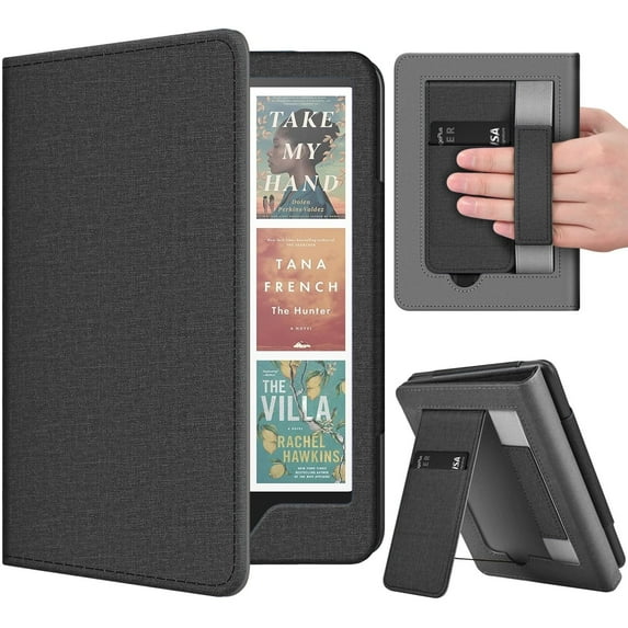 Stand Case for Kindle Paperwhite 12th Generation 2024 / Kindle Colorsoft Signature Edition with Hand Strap & Card Slot - 7" PU Leather Protective Folio Cover with Auto Wake/Sleep, Black